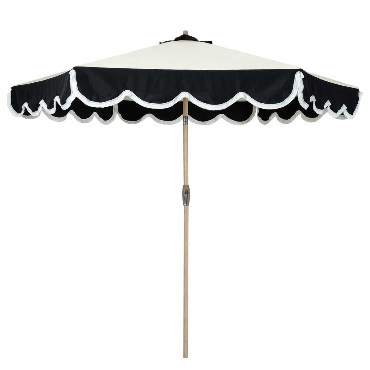 Tempera 9ft scalloped umbrella with fringe provides stylish outdoor shade.