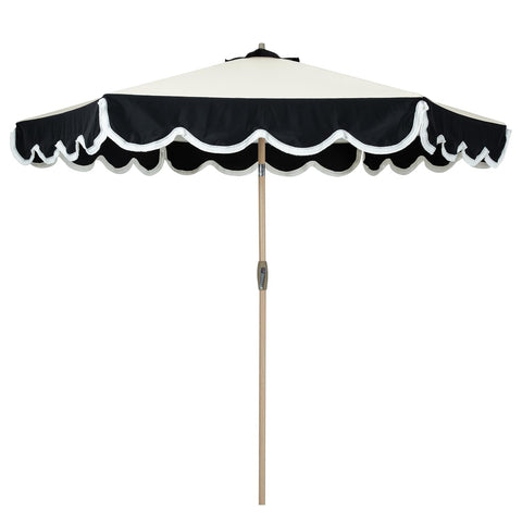 Tempera 9ft scalloped umbrella with fringe provides stylish outdoor shade.