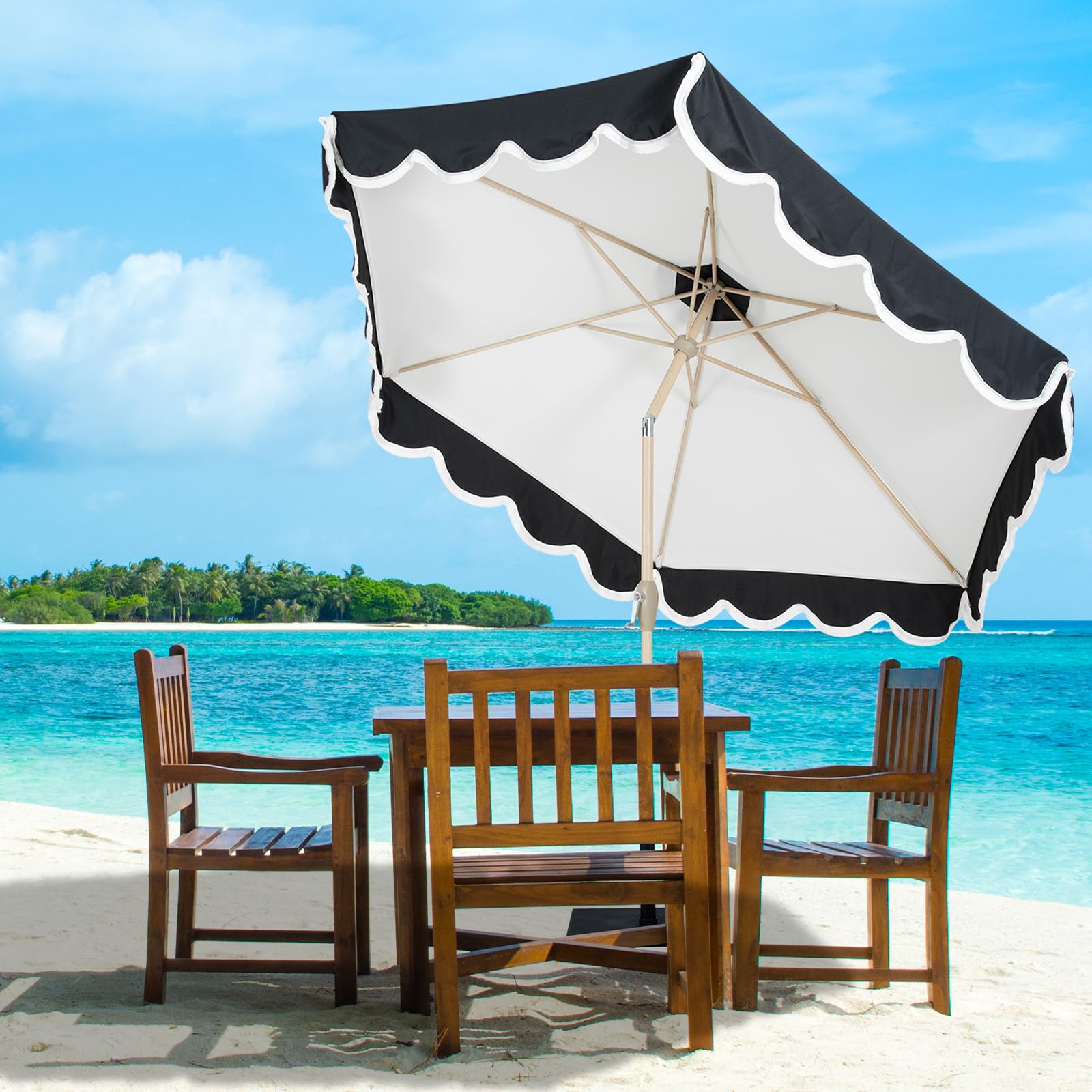 Tempera blue canopy with navy piping adds refined coastal charm.