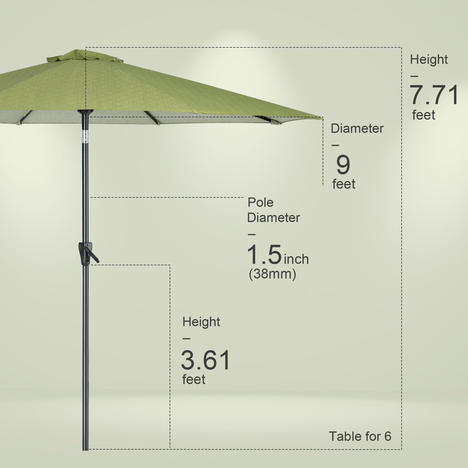 Tempera umbrella fits 42–54 inch tables for versatile setups.