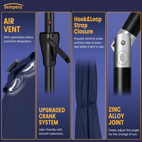 Tempera push-button-tilt allows quick angle adjustment for sun.