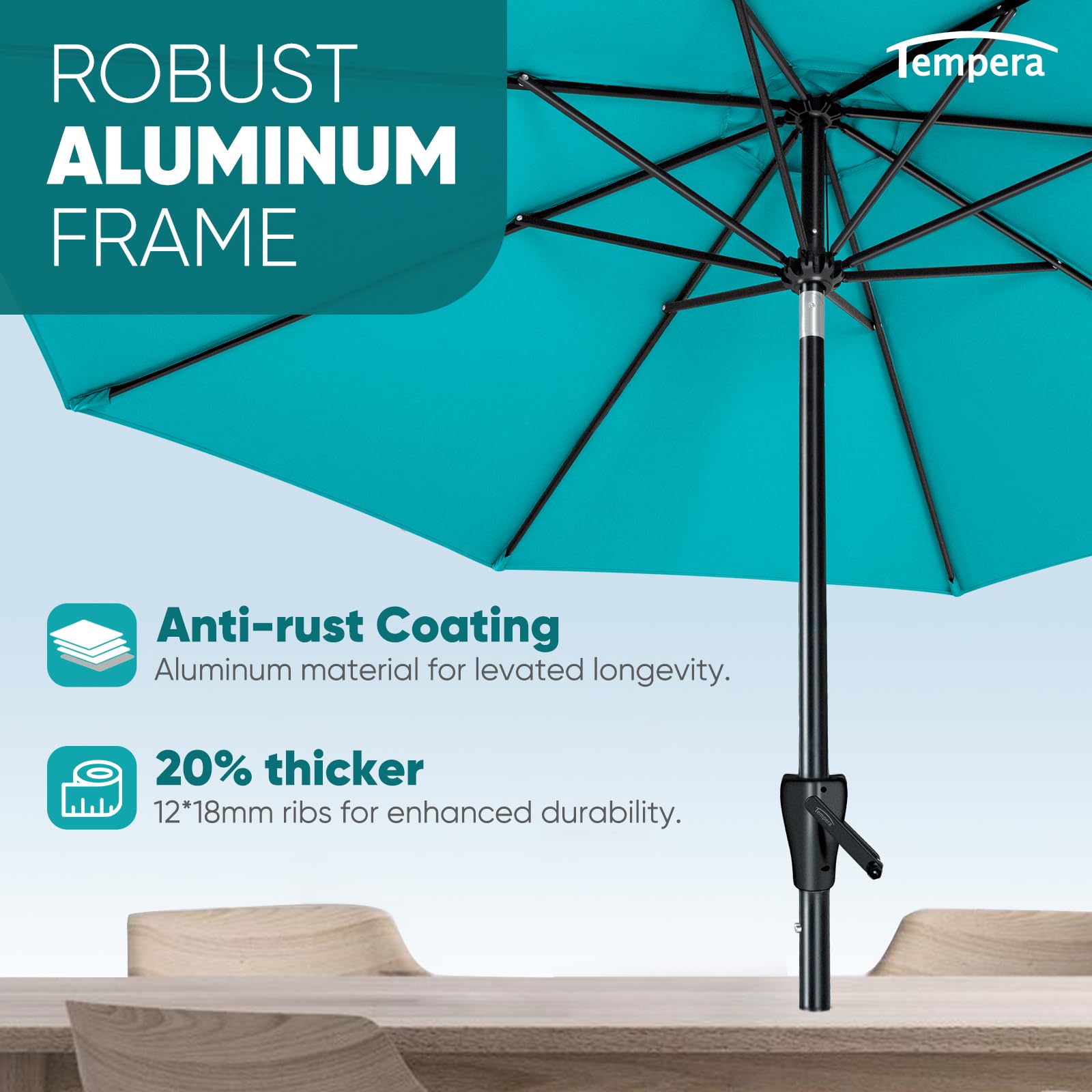 Tempera fade-resistant canopy with water-repellent coating preserves color.