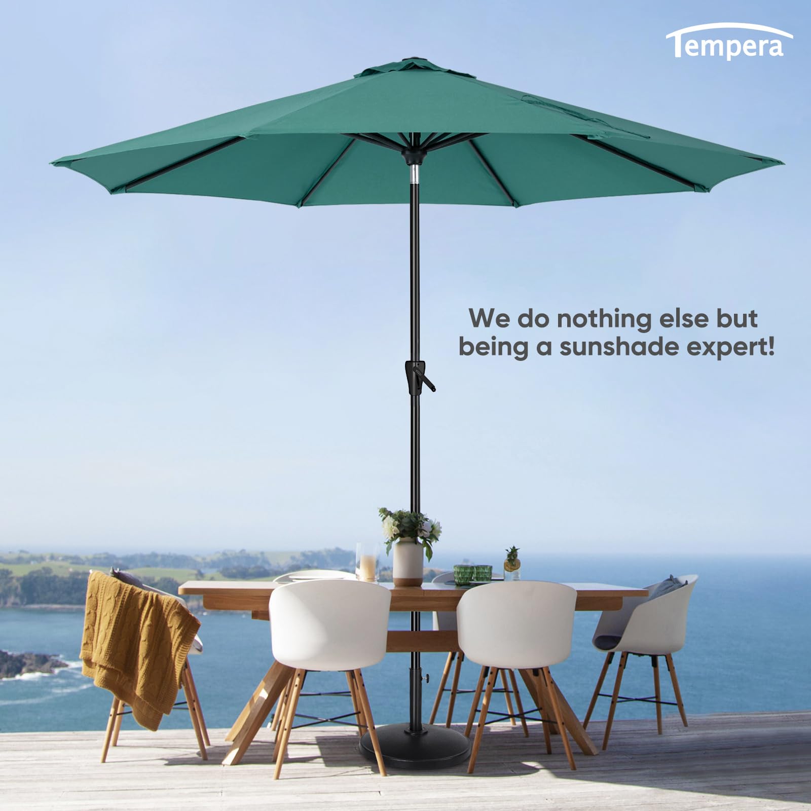 Tempera outdoor dining setup provides comfortable shade for gatherings.