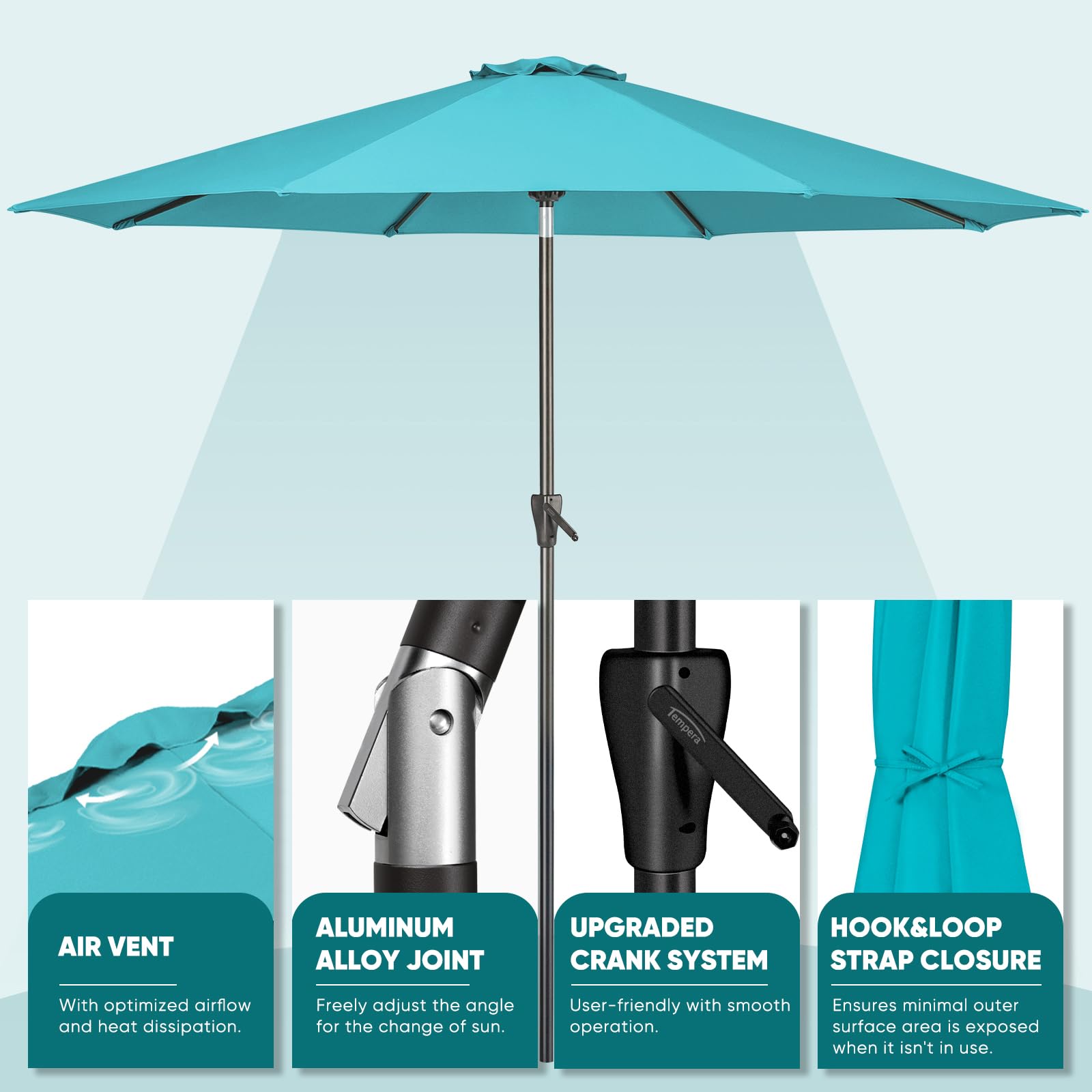 Tempera rust-resistant aluminum pole provides sturdy support.