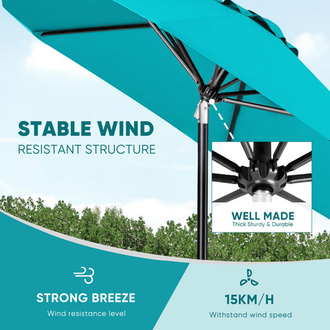 Tempera 9ft umbrella offers wide shade for 42–54 inch tables.