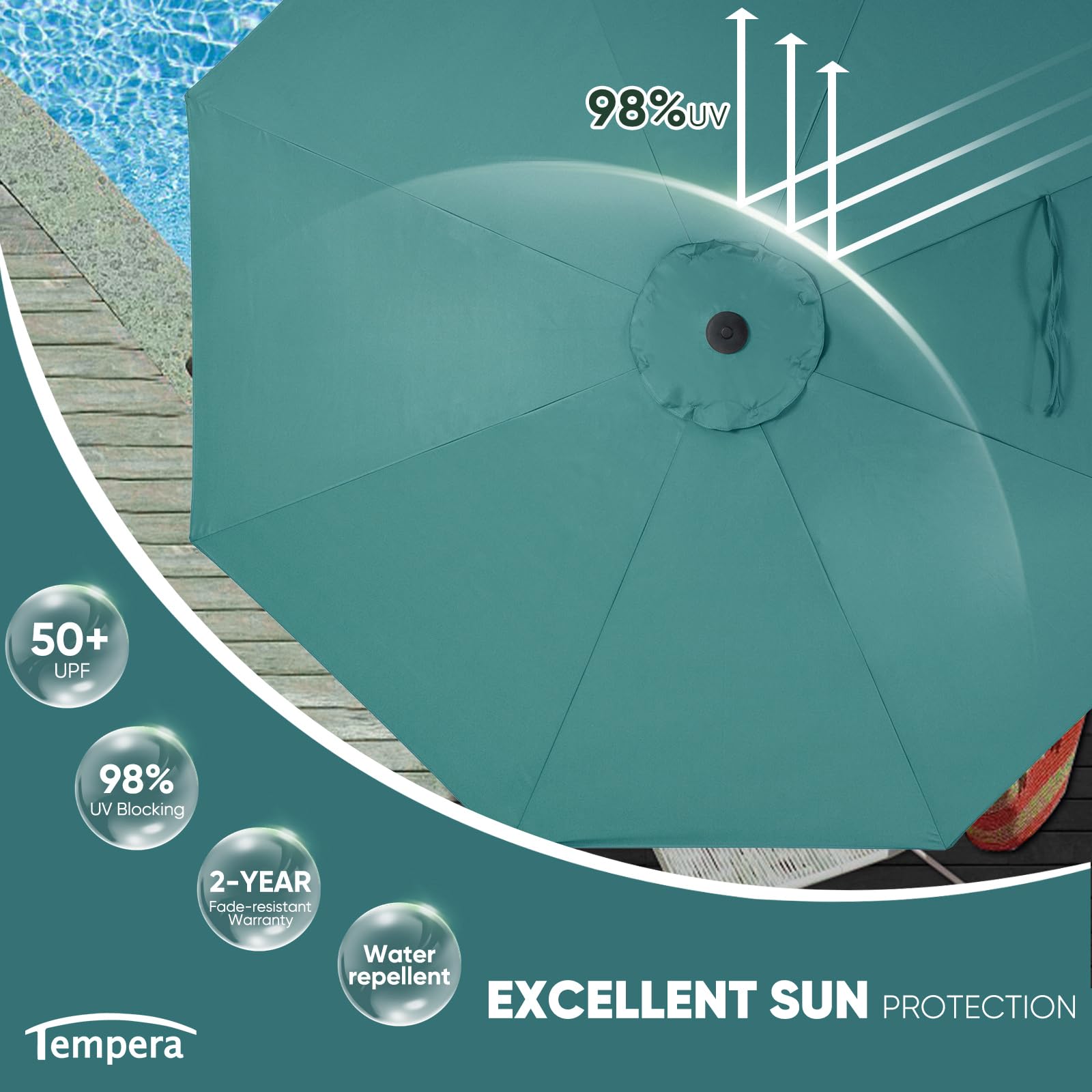 Tempera wind-resistant aluminum pole supports stable shade on breezy days.