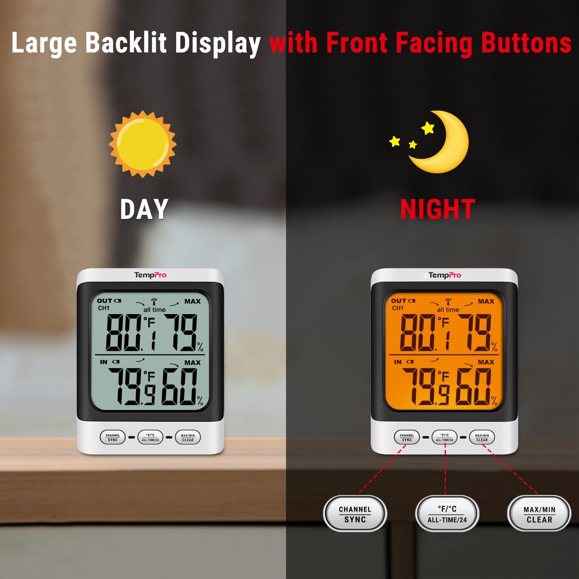 TempPro 3.3-inch backlit display readable in low light and outdoors