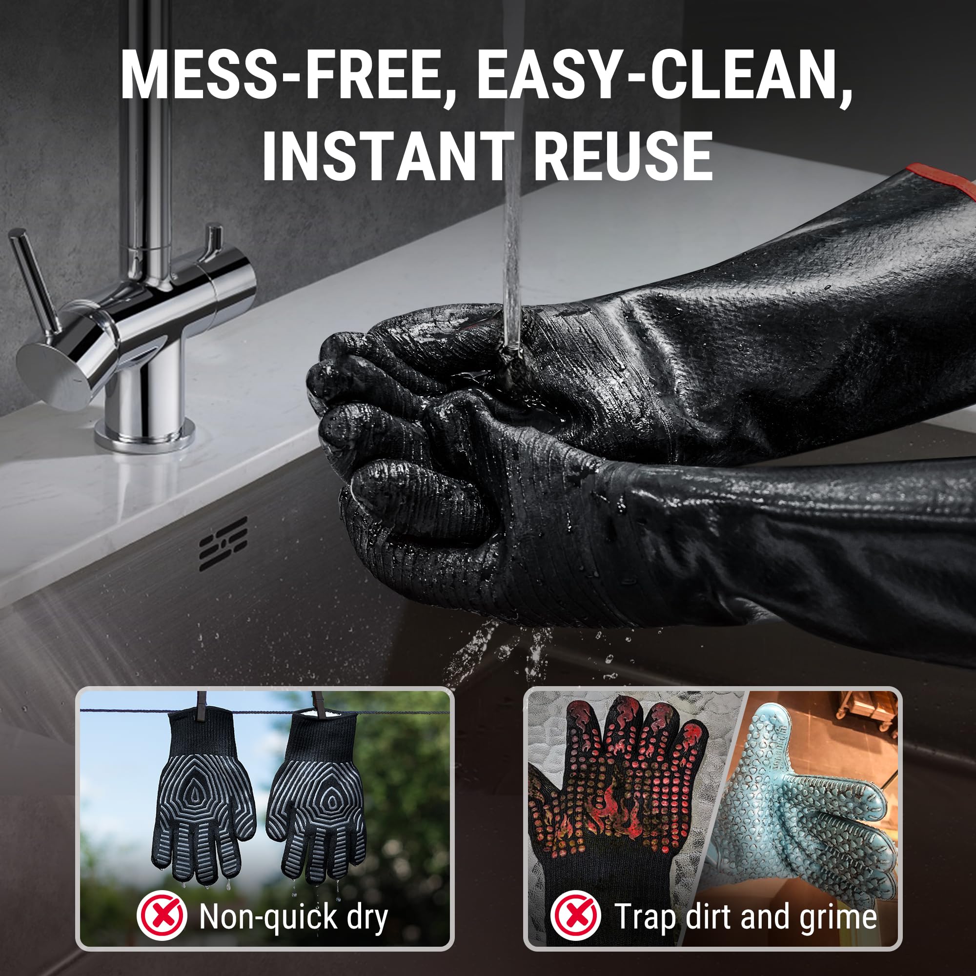 TempPro 932°F heat gloves waterproof exterior for easy cleaning.