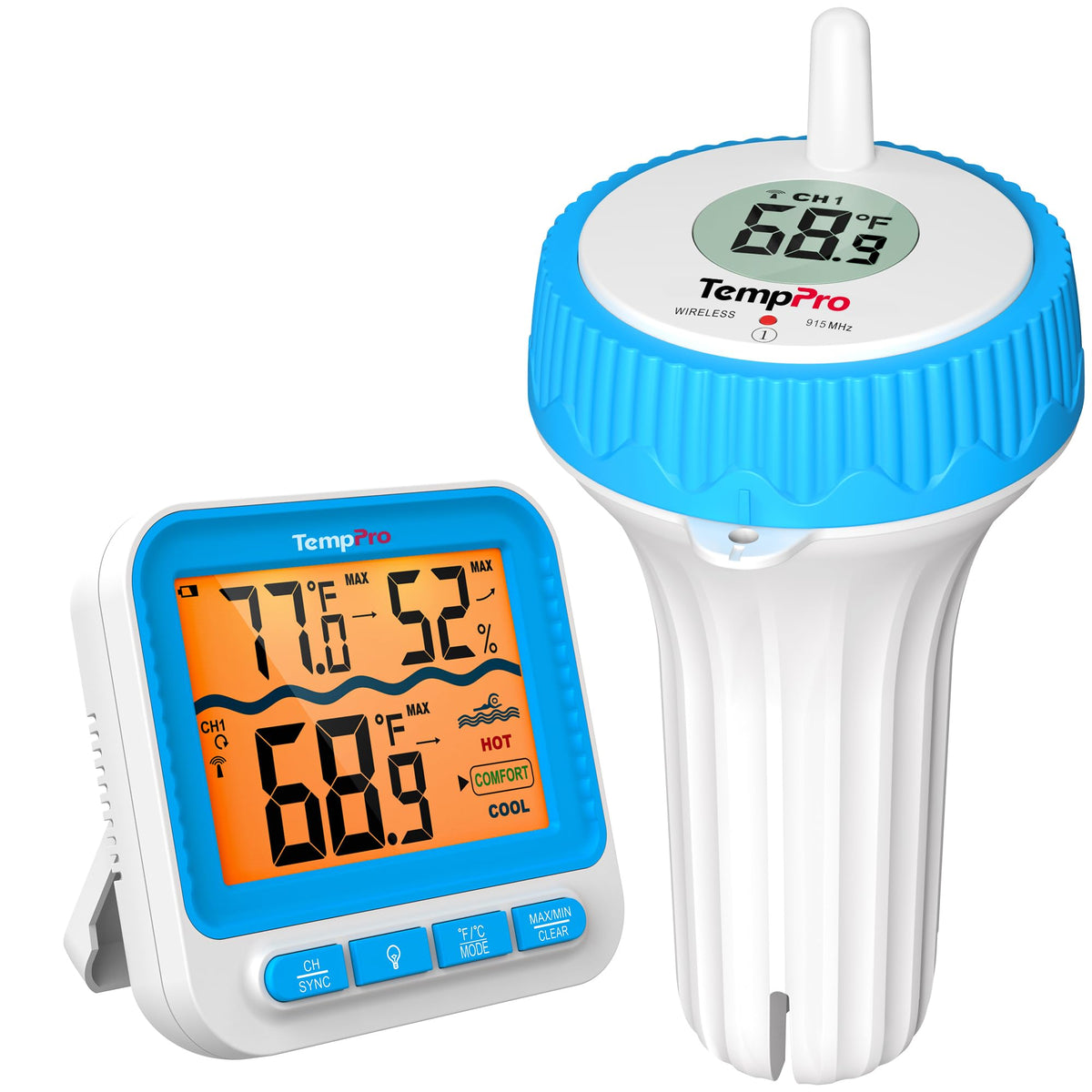 TempPro floating thermometer display for quick pool temperature checks.