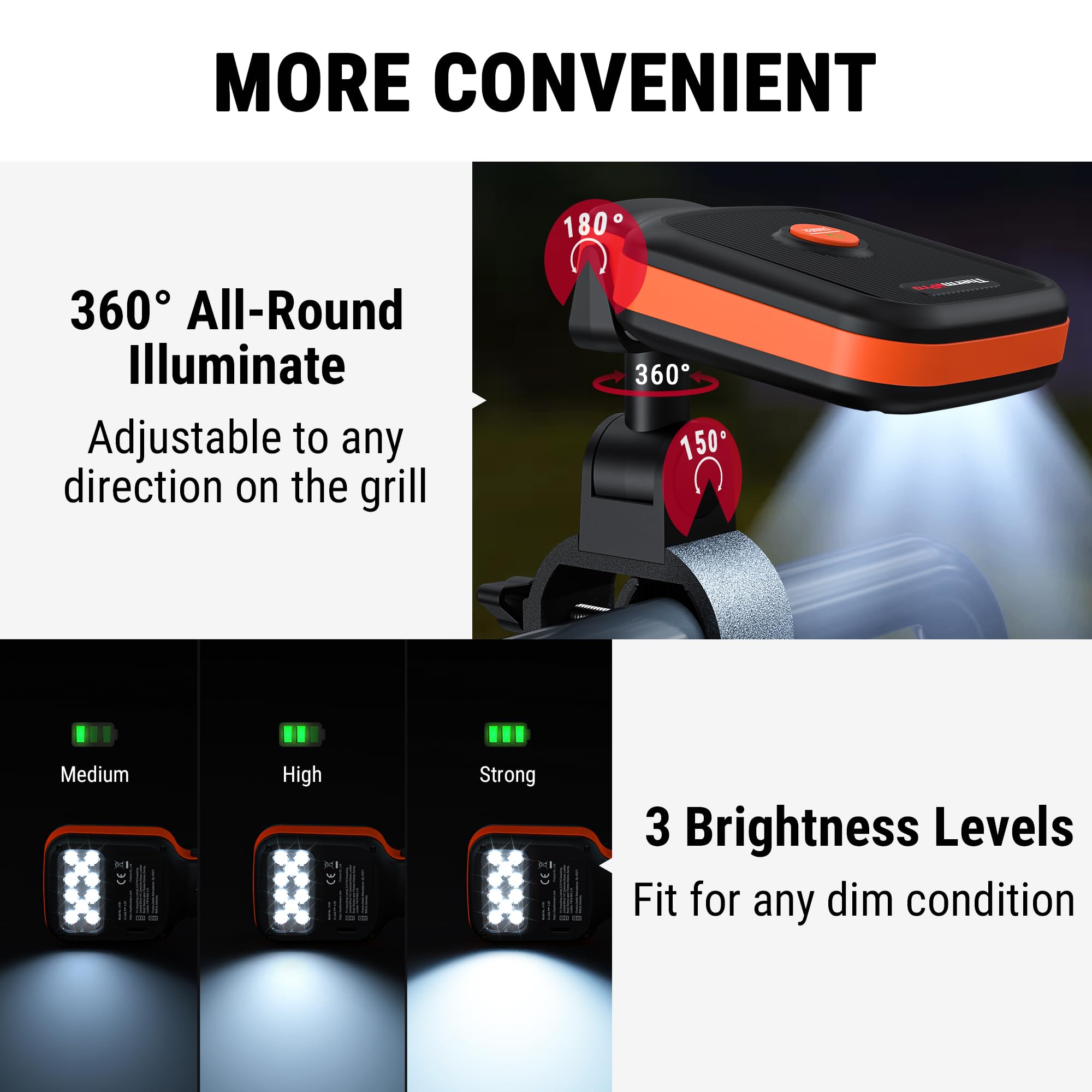 TempPro 360-degree adjustable grill light providing full visibility around the grill area.