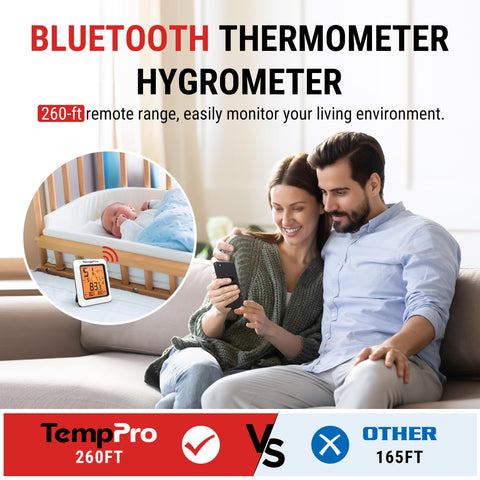 TempPro device shows up to 260 ft Bluetooth range for accurate room monitoring.