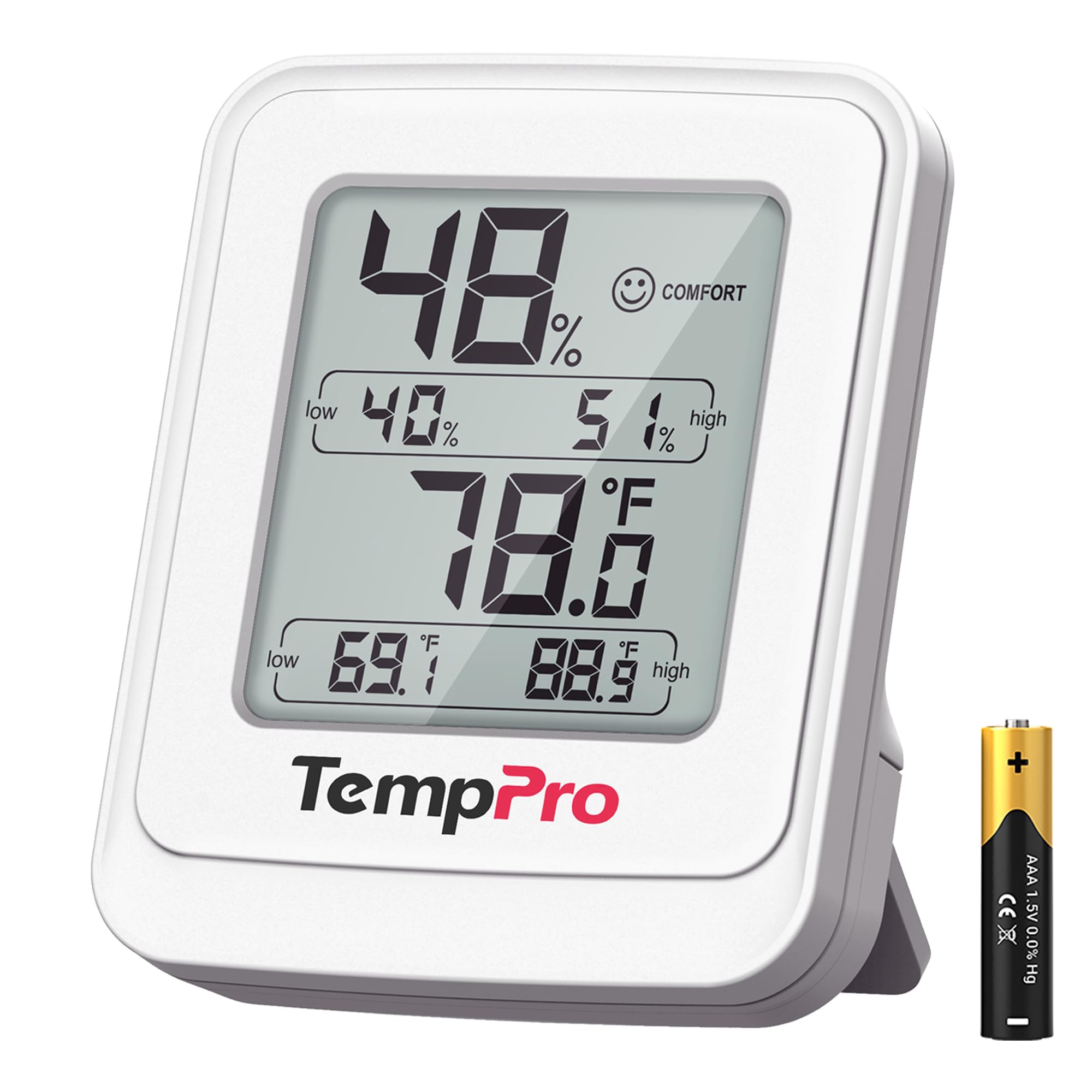 TempPro TP150 greenhouse thermometer display shows temperature and humidity at a glance