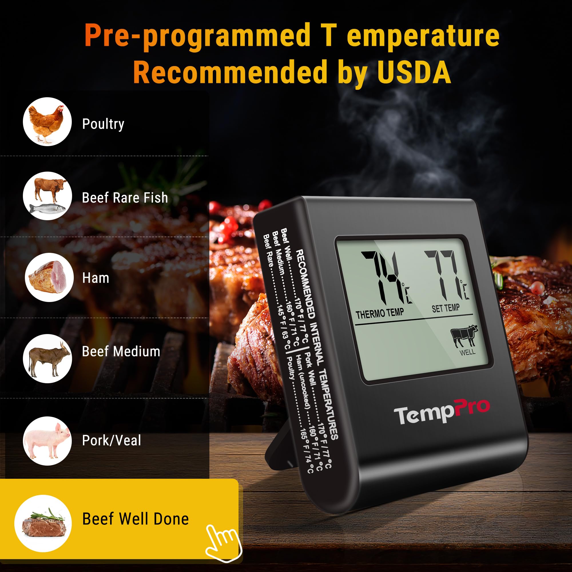 TempPro TP16 display close-up for accurate temperature readings.