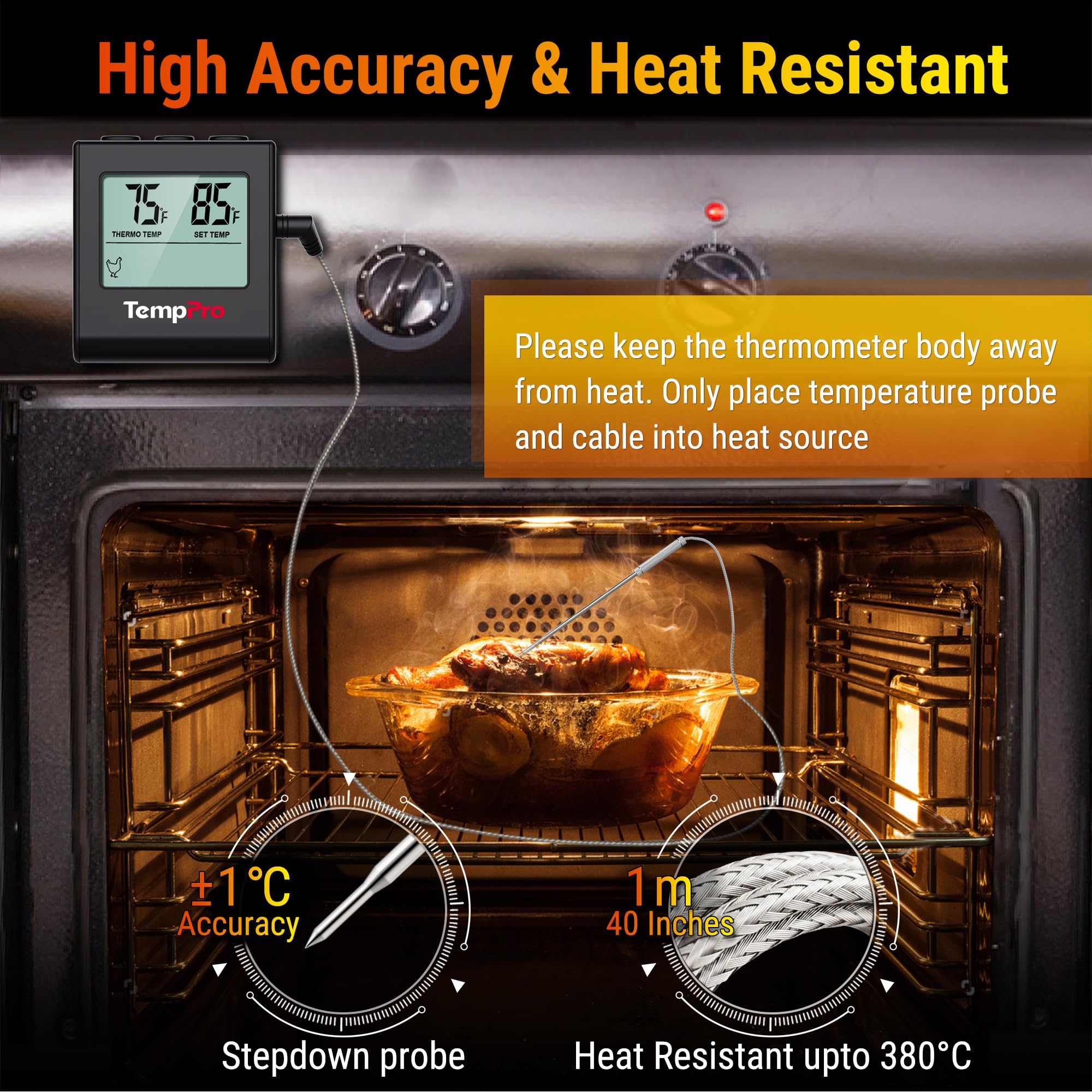 TempPro TP16 in-oven setup highlights reliable monitoring while cooking.