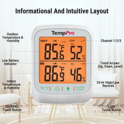TempPro TP260B tabletop stand setup on a desk or shelf.