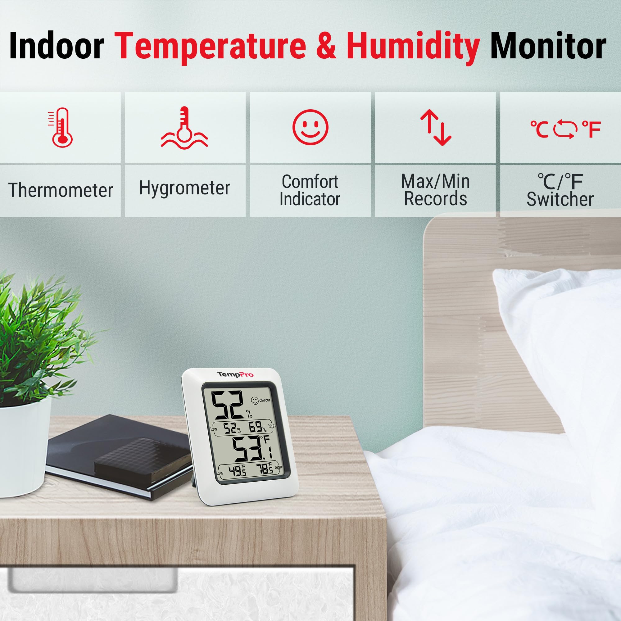 TempPro TP50 digital thermometer and humidity monitor display for precise readings.