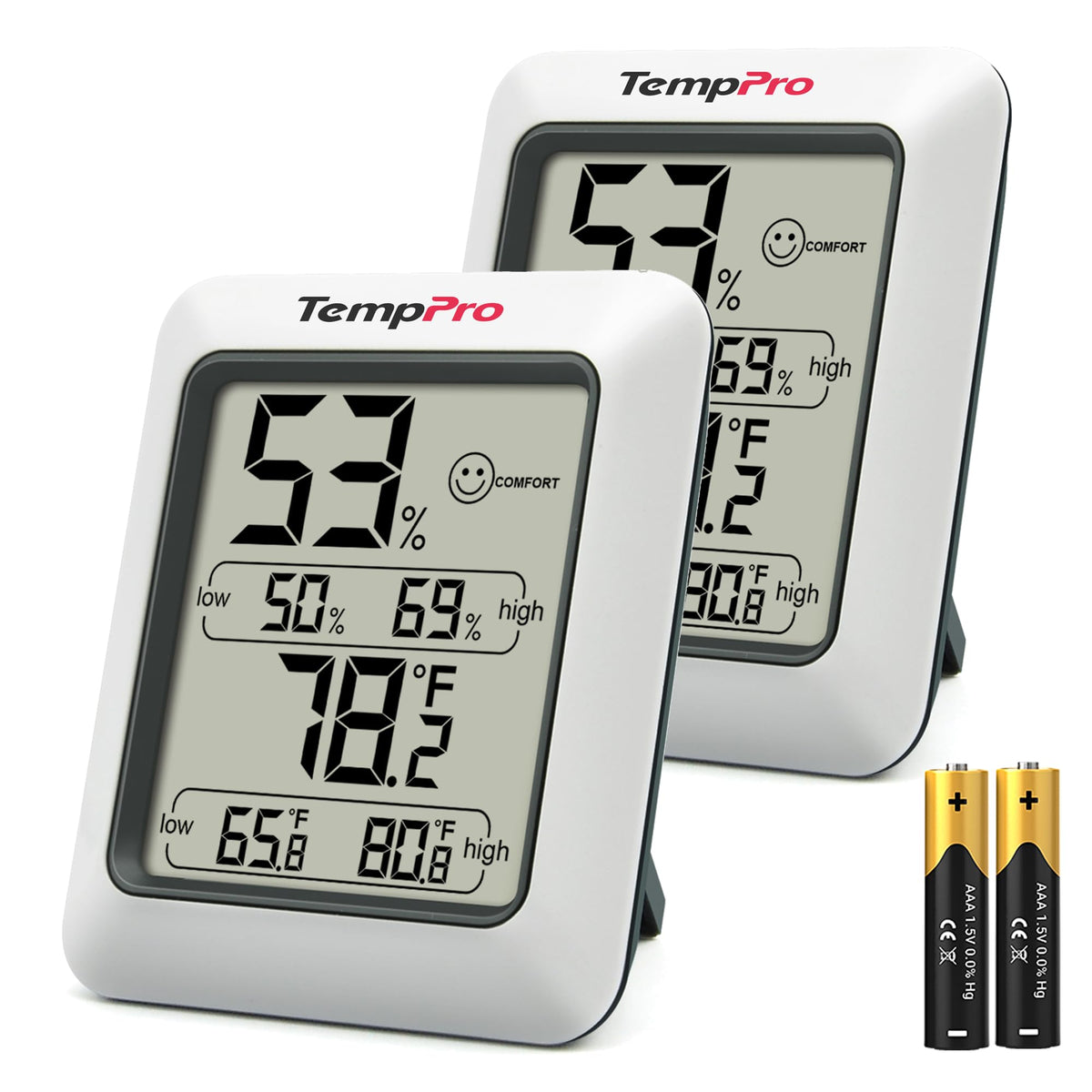 TempPro TP50 two-pack hygrometer with tabletop stand for easy placement.