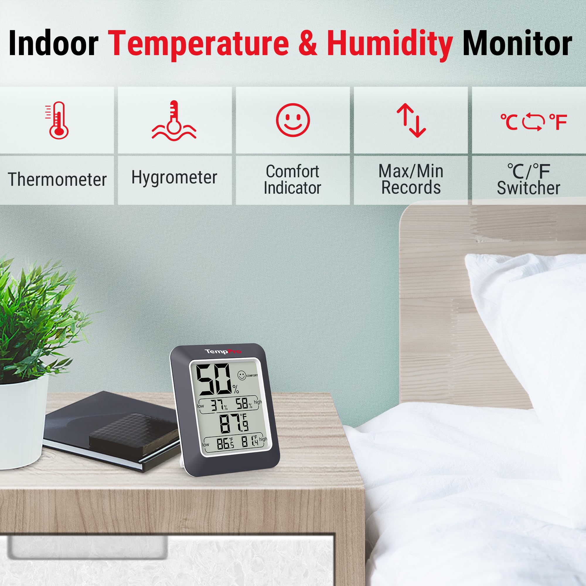 TempPro TP50W digital thermometer display offers quick temperature and humidity checks.