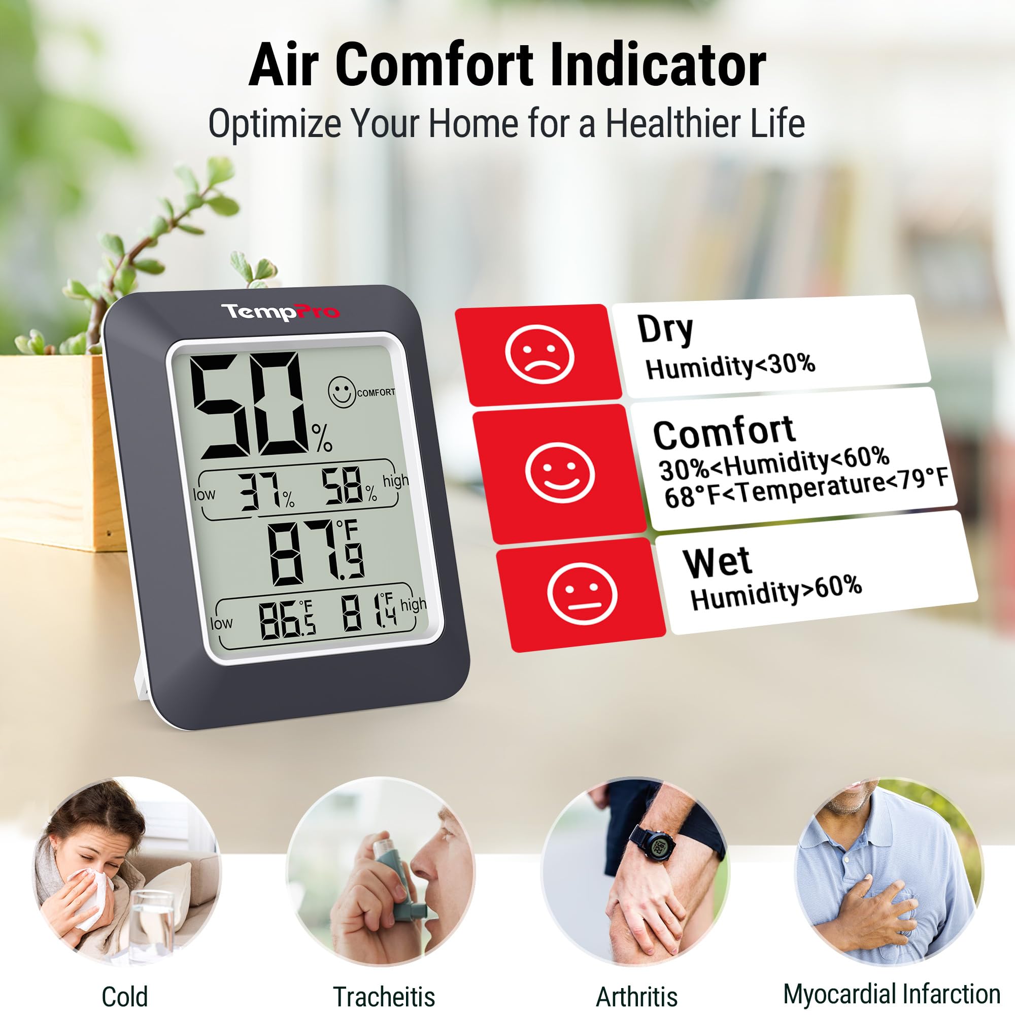 TempPro TP50W humidity level icon helps you gauge air comfort at a glance.