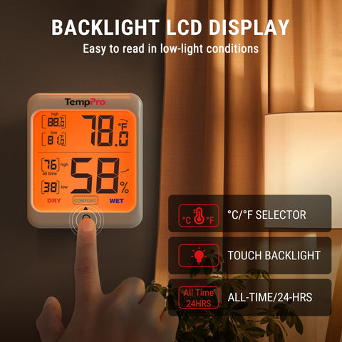 TempPro TP53 backlit display aids reading in dark rooms.