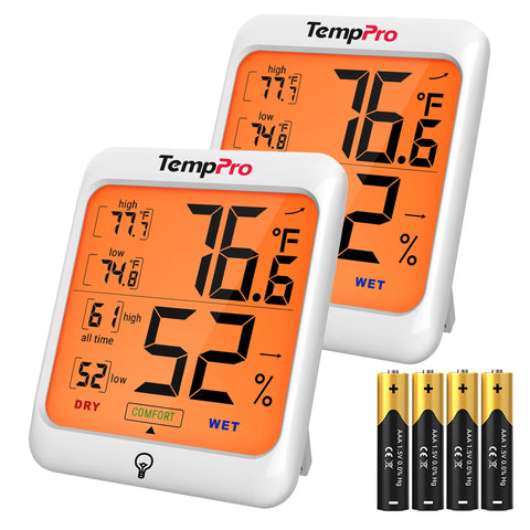 TempPro TP53 2-pack digital hygrometer display shows temperature and humidity clearly.
