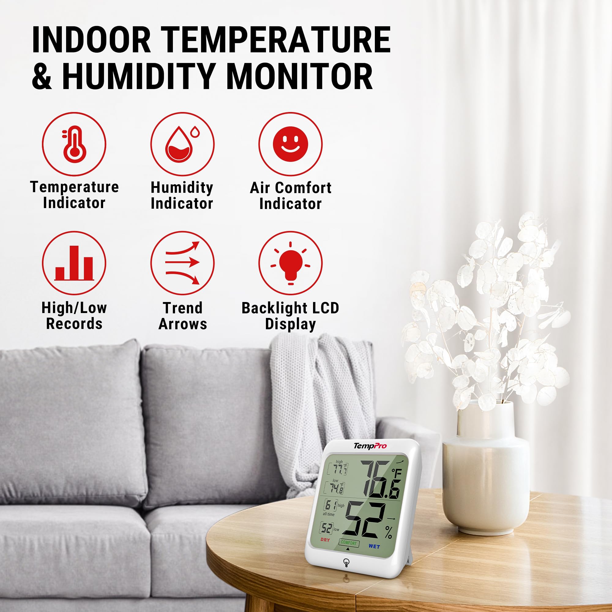 TempPro TP53 2-pack provides clear temp and humidity readings in low light.