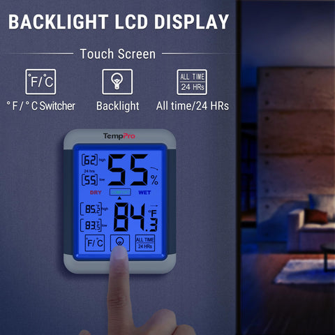 TempPro TP55 backlit screen provides clear readings in low light.