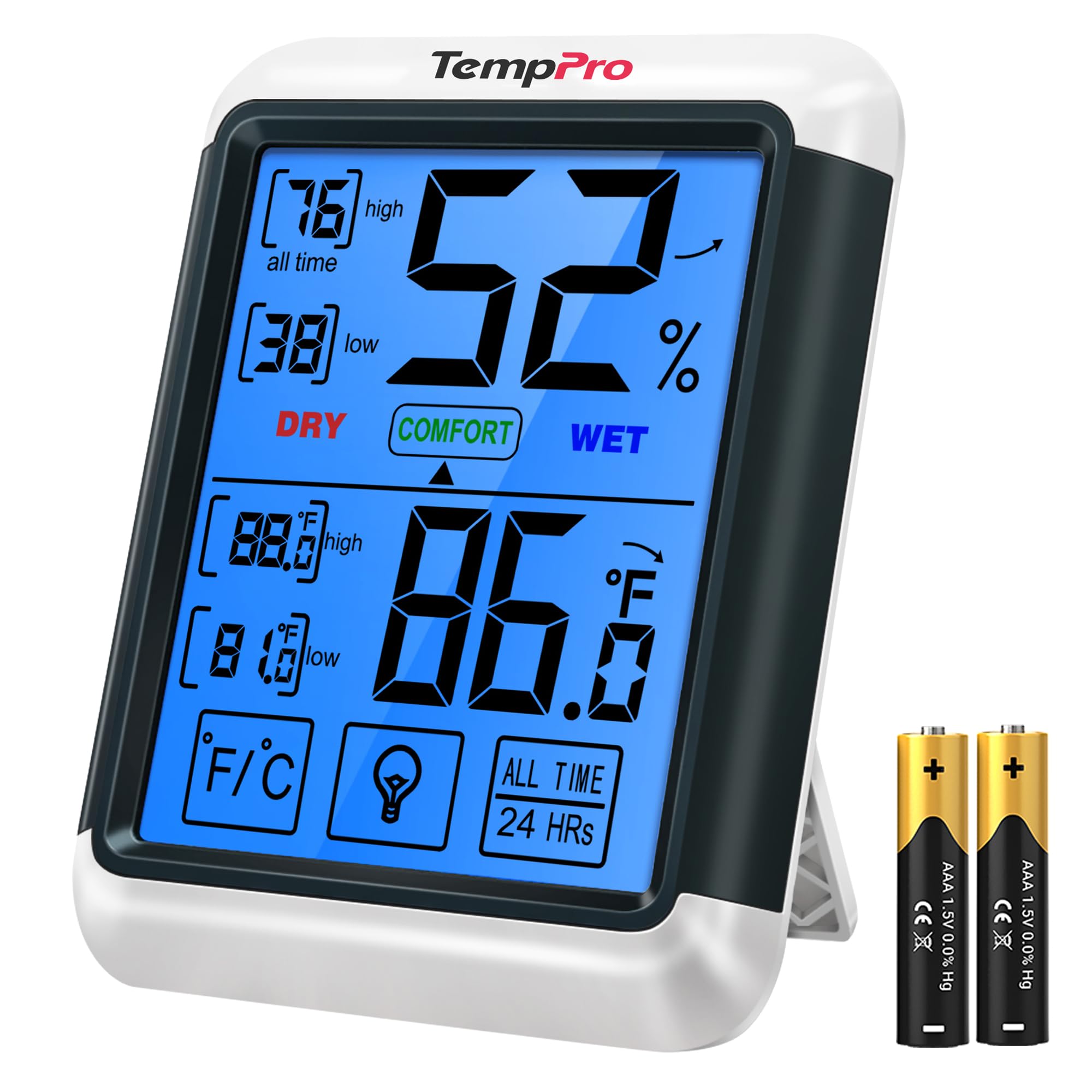 TempPro TP55 4-inch display shows temperature and humidity at a glance.