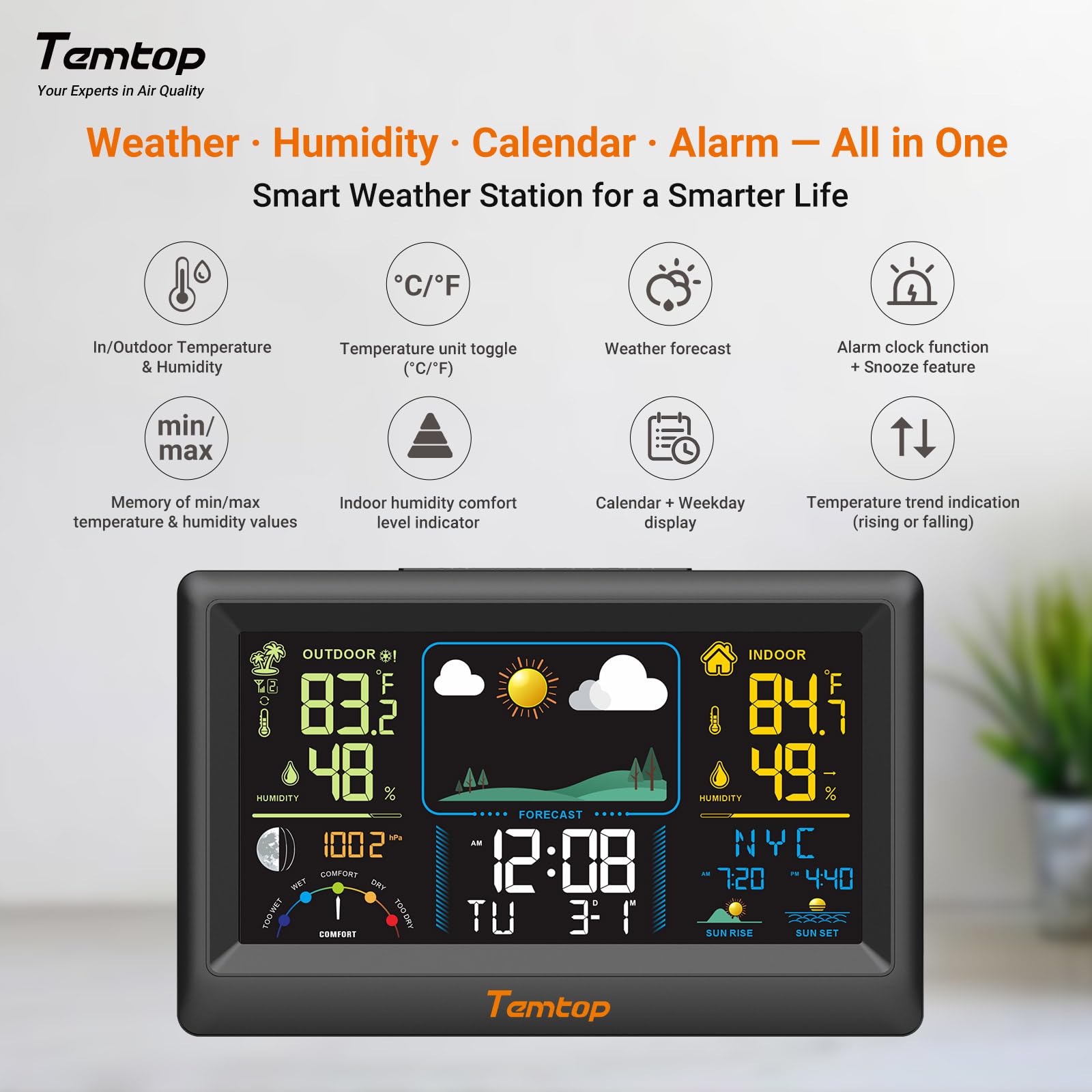 Temtop W100 Lite indoor/outdoor temperature and humidity readings inform daily planning.