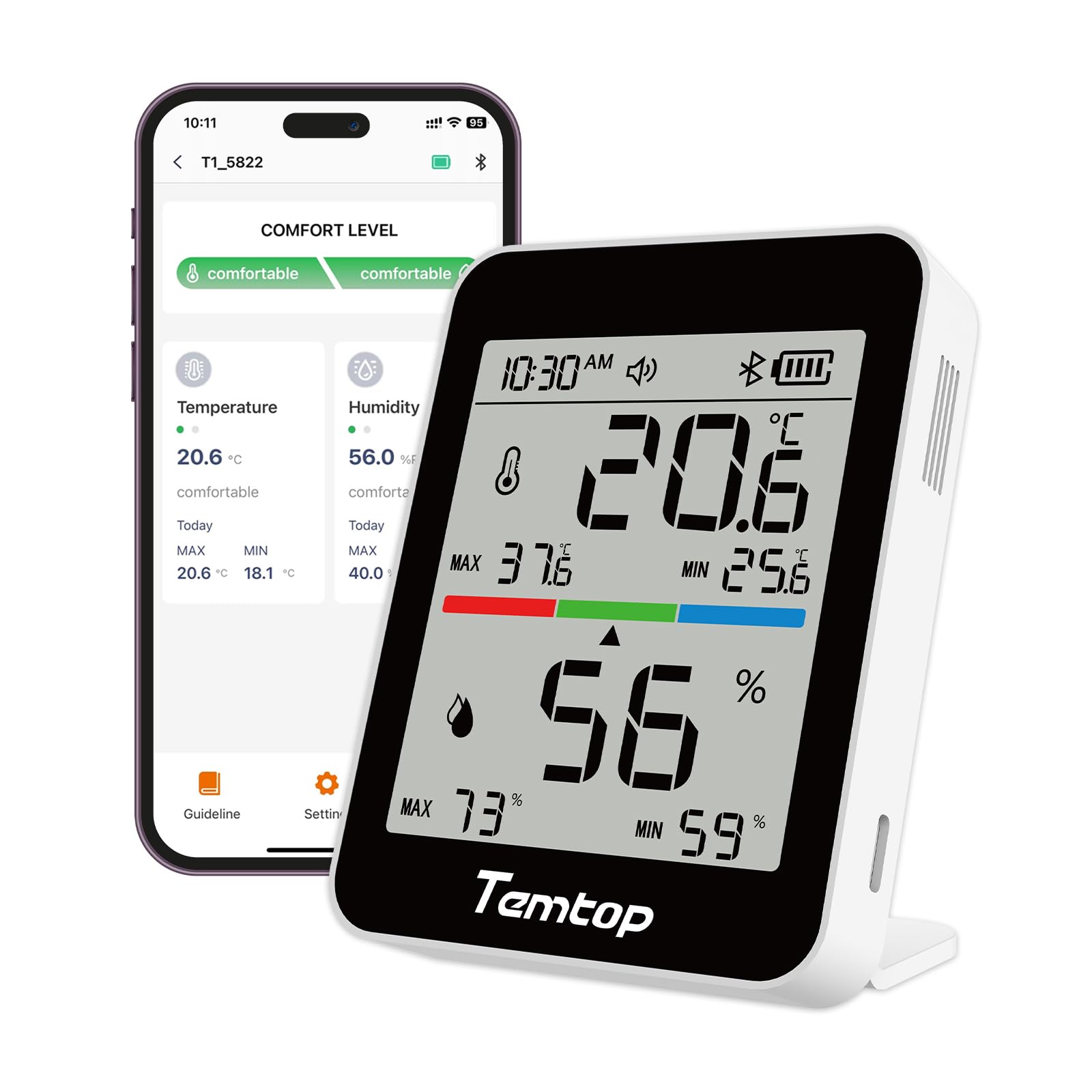 Temtop T1 humidity meter display shows current humidity at a glance, aiding quick assessments.