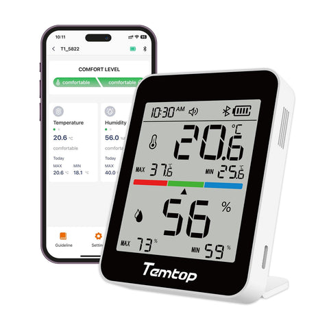 Temtop T1 humidity meter display shows current humidity at a glance, aiding quick assessments.