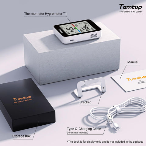 Temtop T1 magnetic stand supports desk placement or wall mounting.