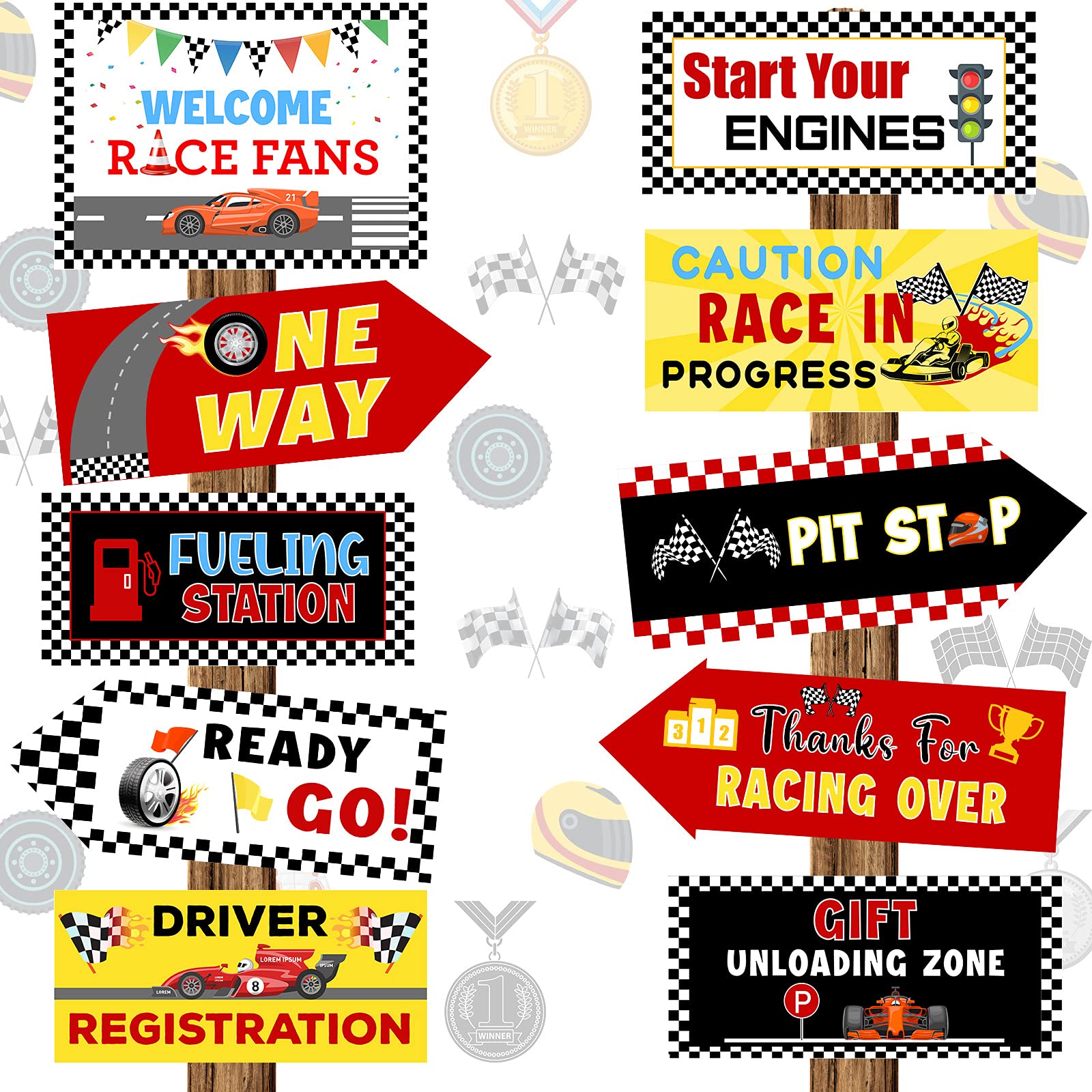 Tenare race car sign decor for outdoor party backdrop and photo moments.