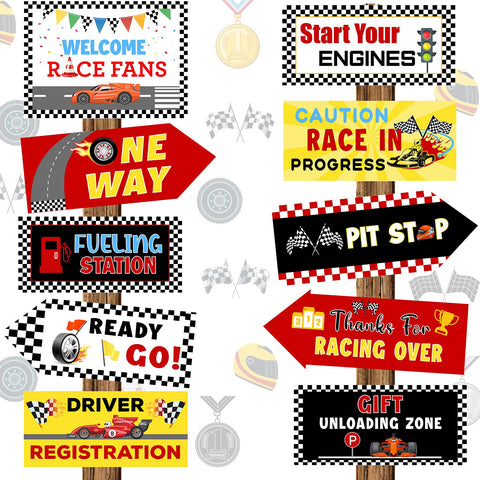 Tenare race car sign decor for outdoor party backdrop and photo moments.