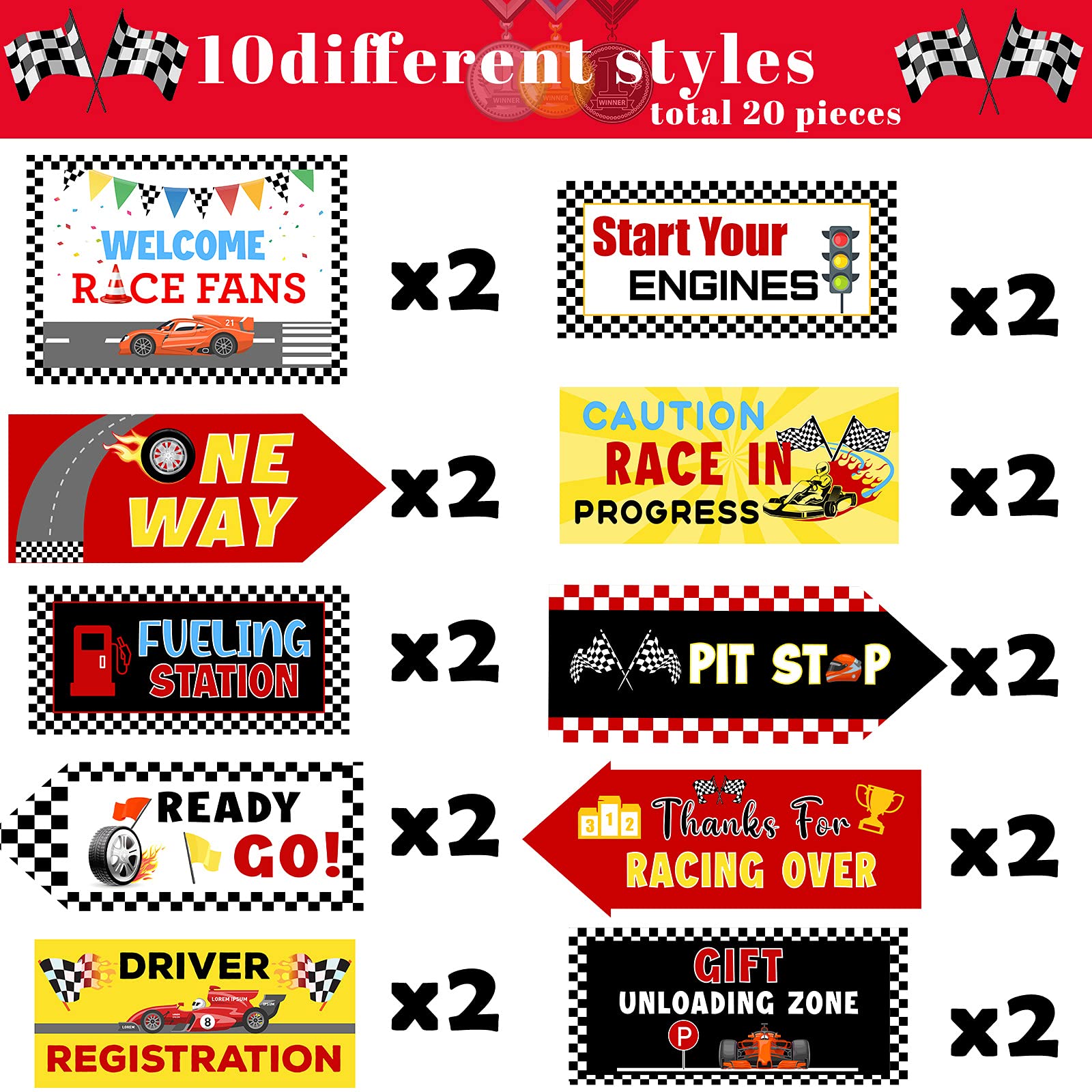 Tenare race car sign decor uses varied sizes for dynamic displays.