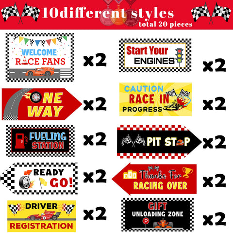 Tenare race car sign decor uses varied sizes for dynamic displays.