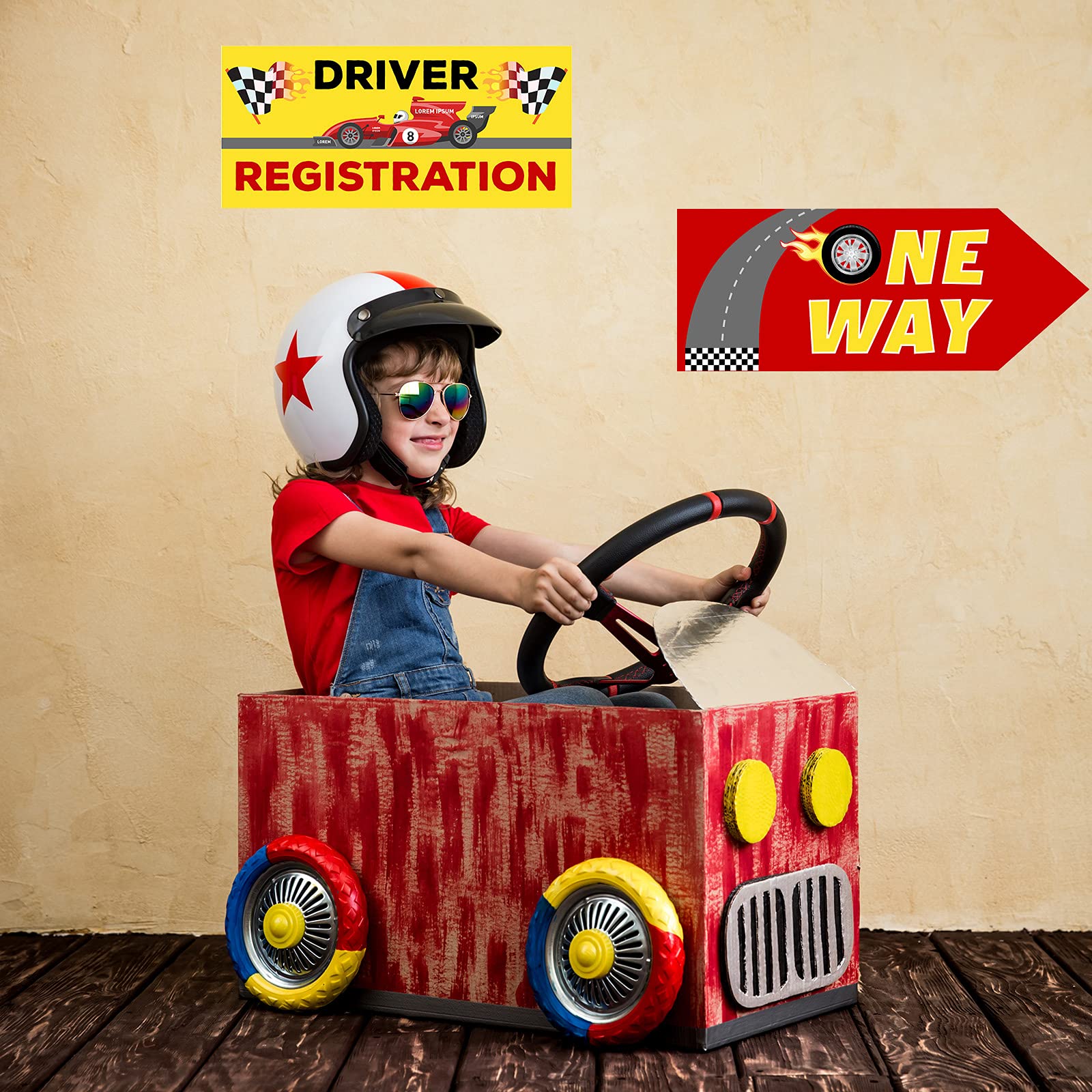 Tenare race car sign decor includes car, flag, and tire motifs.