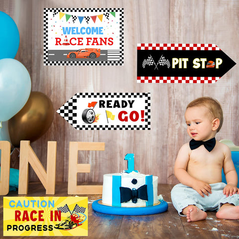 Tenare race car sign decor makes a festive photo backdrop.