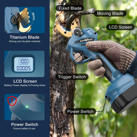 TengXcel cordless pruner paired with Makita LXT 18V batteries for outdoor pruning