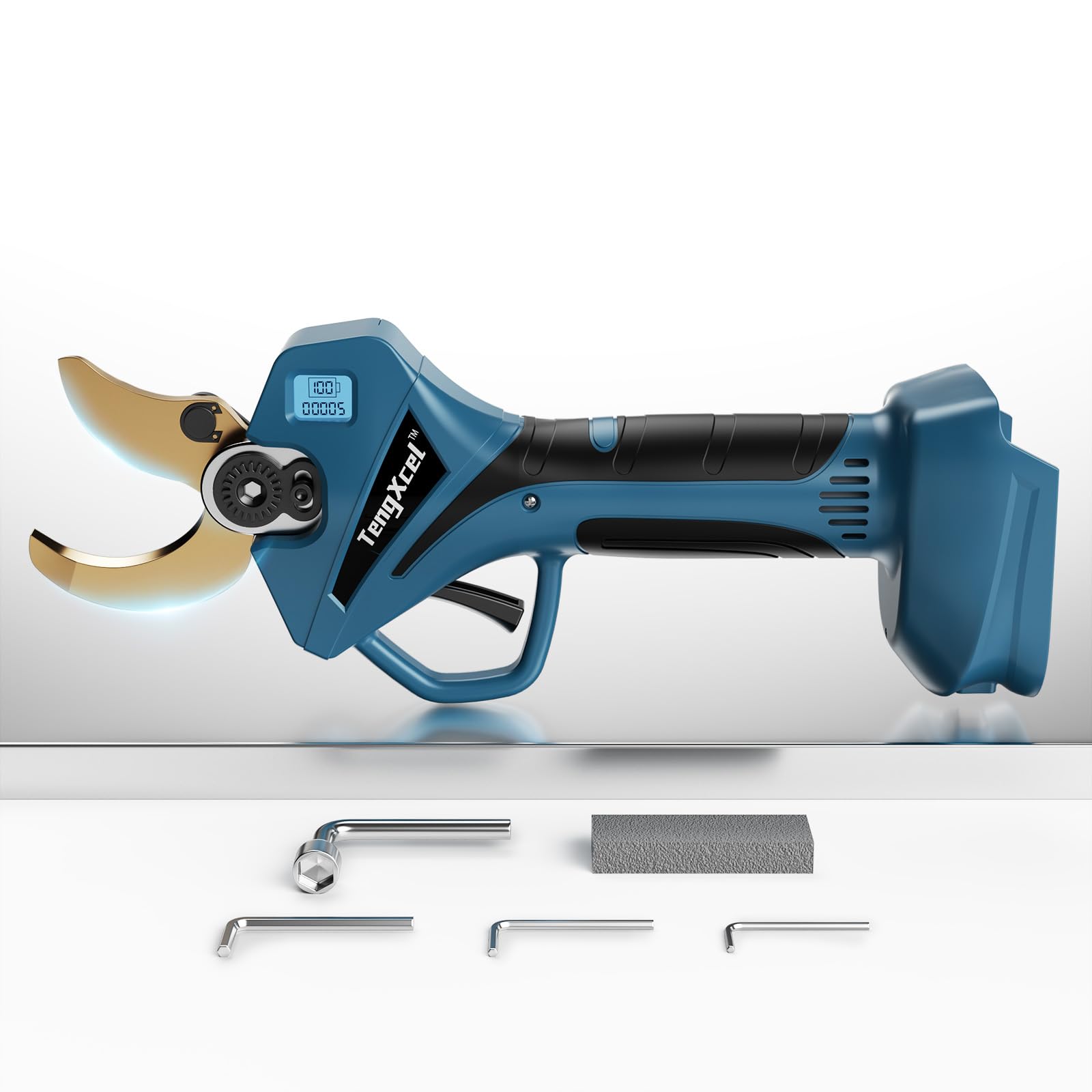 TengXcel electric pruning shears with LCD display showing power and cuts