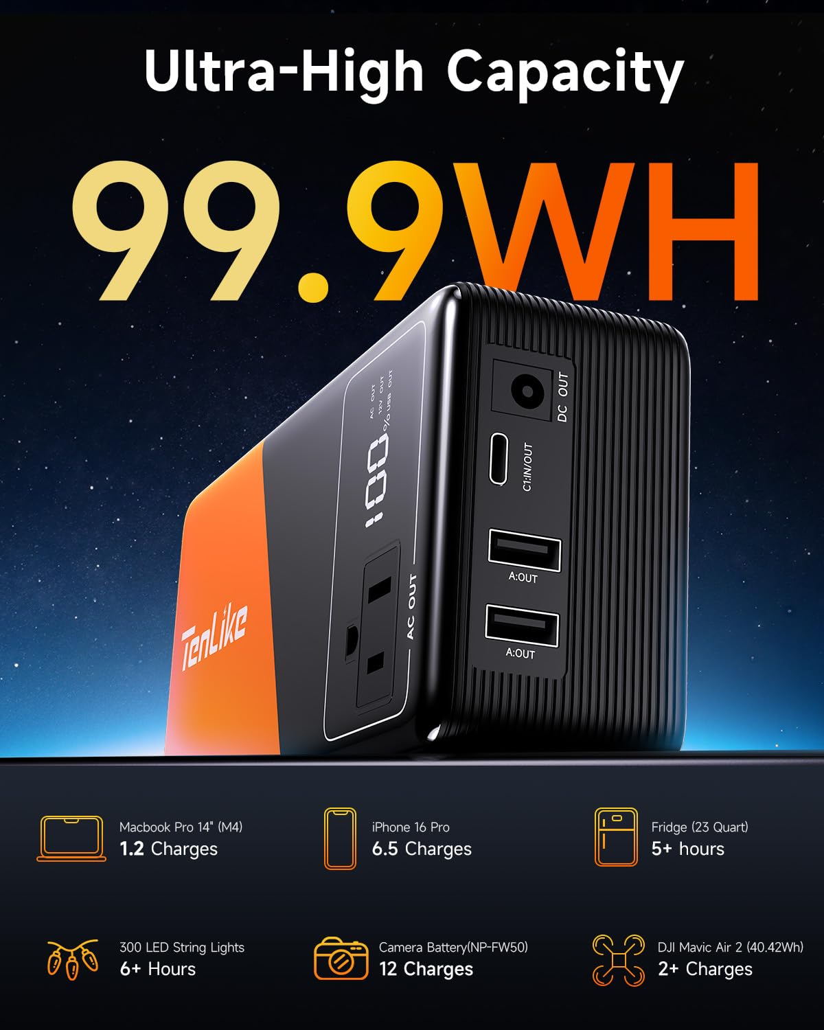 Tenlike built-in 60W PD cable enabling quick device recharge