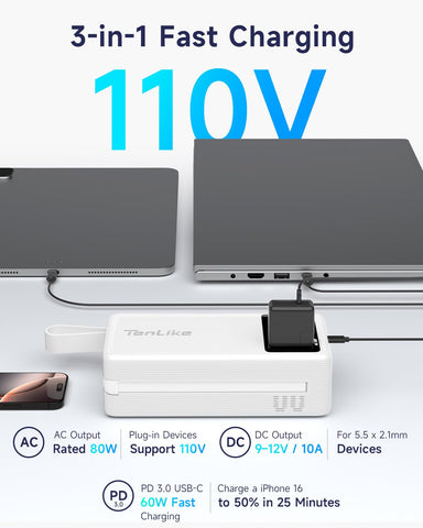 Tenlike built-in 60W PD Type-C cable enables fast charging on the go