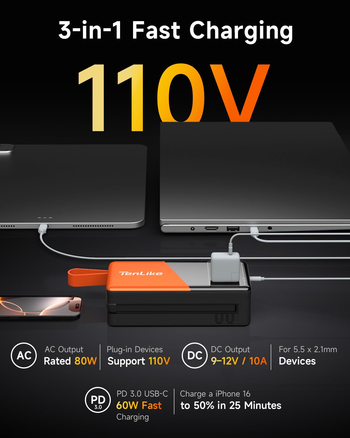 Tenlike power station with ports exposed for versatile charging