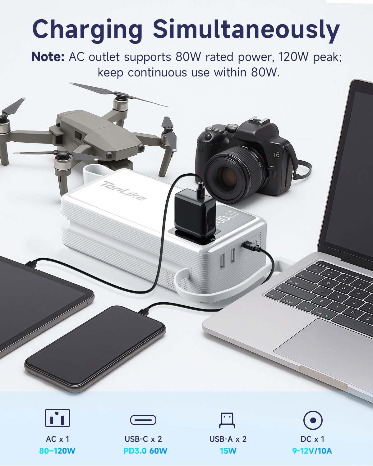 Tenlike seven-port output supports phones, tablets, drones and more