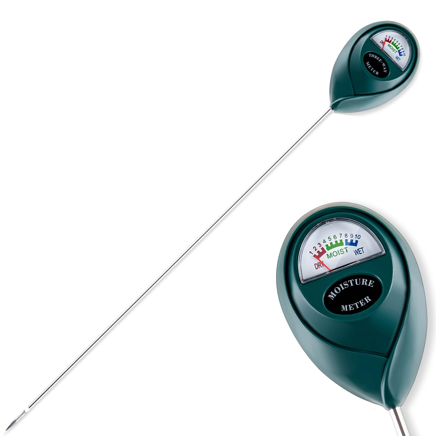 Tennedriv Green long-probe soil moisture meter reads root-zone moisture outdoors.