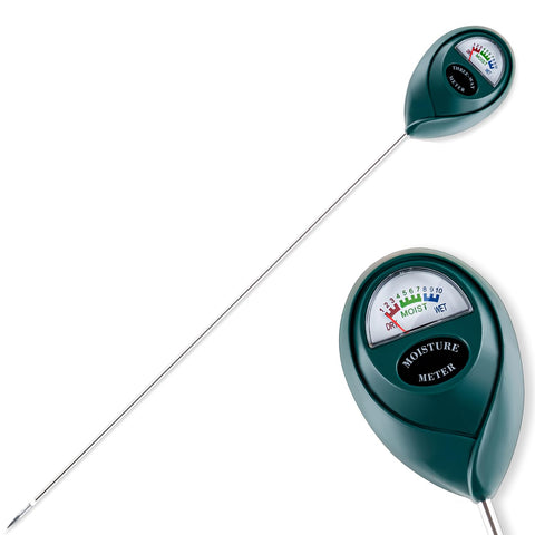 Tennedriv Green long-probe soil moisture meter reads root-zone moisture outdoors.