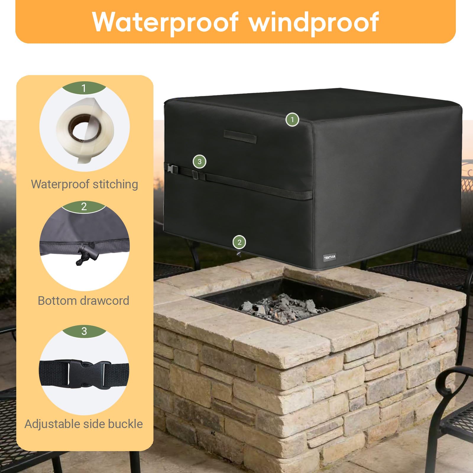 Tentvia fire pit cover with buckle strap secures cover to legs during storms.