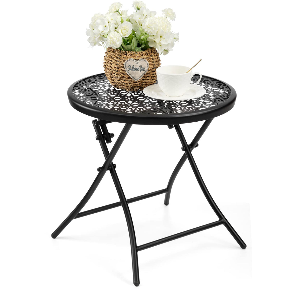 TeoKJ folding outdoor side table with flower cutouts, ideal for patio coffee
