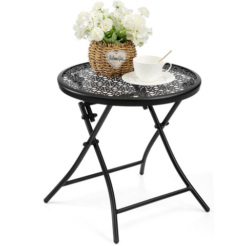 TeoKJ folding outdoor side table with flower cutouts, ideal for patio coffee