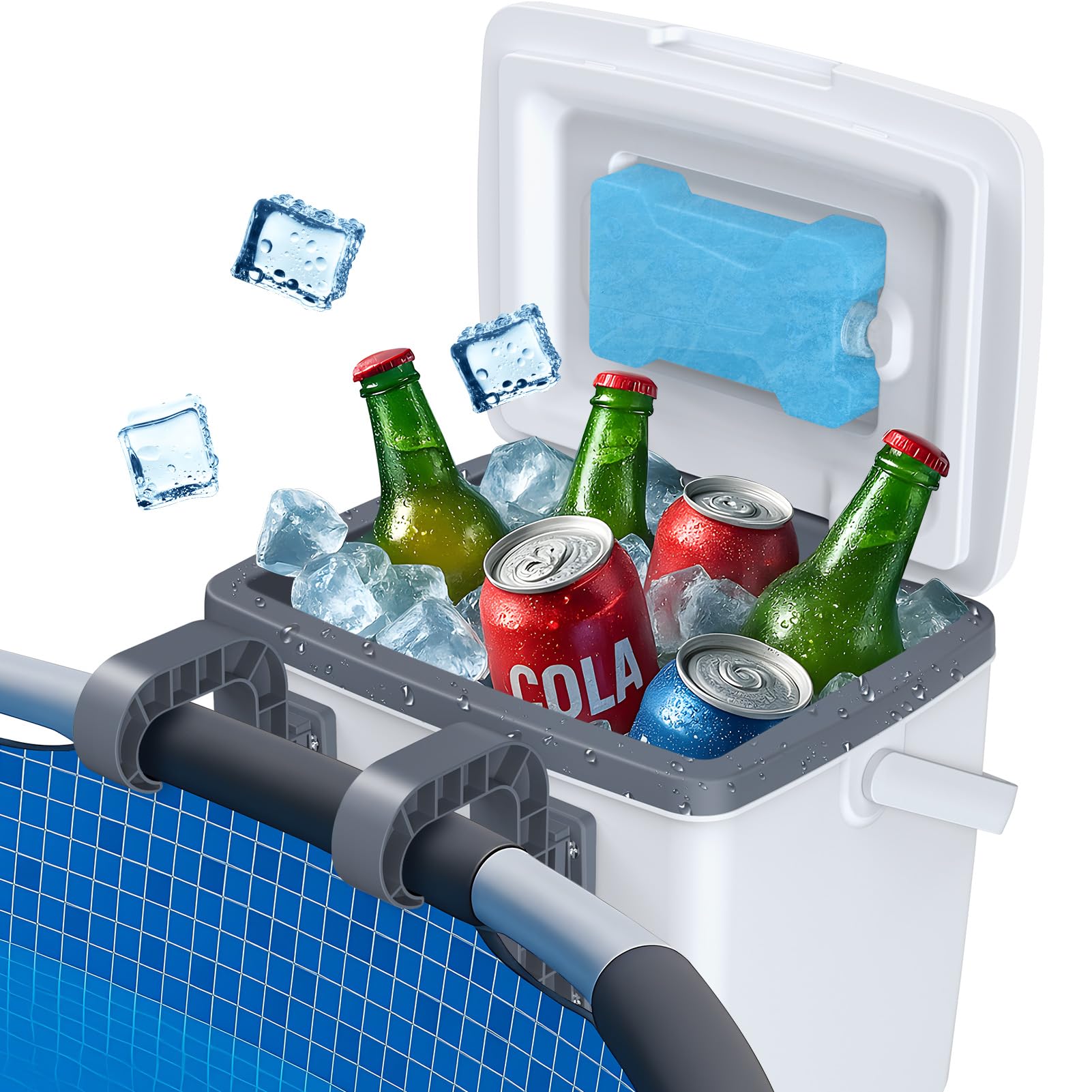Tepsmigo 13L poolside cooler with open lid for easy access to cold drinks.